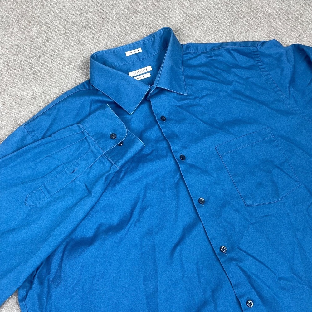 Van Heusen Dress Shirt Mens 18 Blue Lux Sateen Regular Fit Wrinkle Free Formal